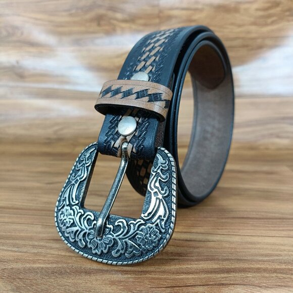 Western Leather Belt | Beautiful Hand-Tooled Basketweave Belt, Gift for Unisex - Picture 2 of 12